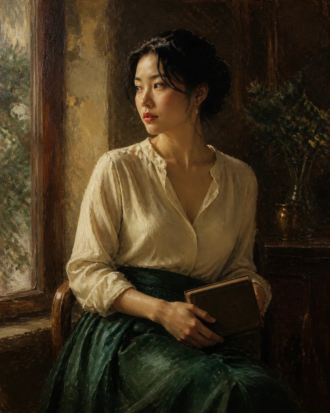AI prompt for men real output: Soft oil painting portrait of a fictional adult woman seated beside a window in an ivory dress
