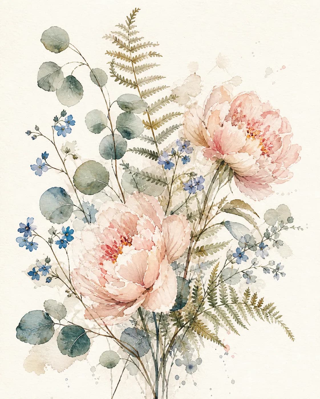 An airy watercolor botanical study of eucalyptus, wild fern, pale blush peonies, and small blue flowers, delicate stems, tran