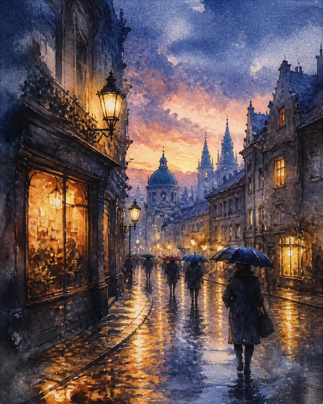 A watercolor sketch of a rainy city street with umbrella-carrying pedestrians crossing wet pavement, indigo, gray-violet, and