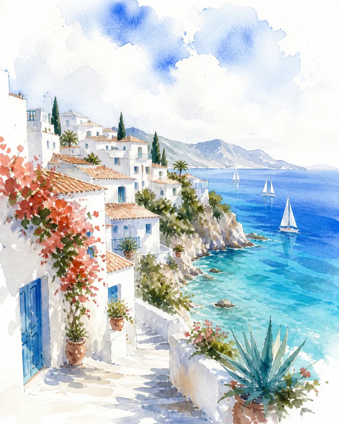 Watercolor AI prompt real output: A bright watercolor landscape of a quiet coastal village, white houses, a blue bay, and sof