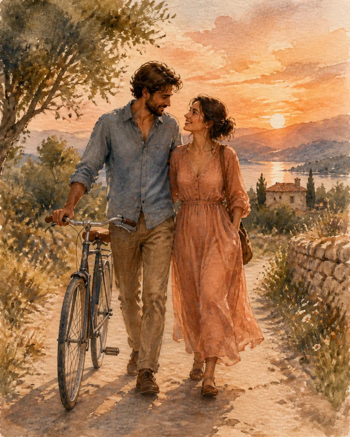 A fresh watercolor painting of a fictional adult couple walking bicycles along a country lane, soft blue-green and warm-peach