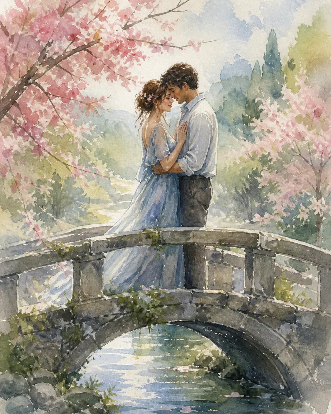 A romantic watercolor painting of a fictional adult couple standing close on a garden bridge, pale-pink flowers, soft greener