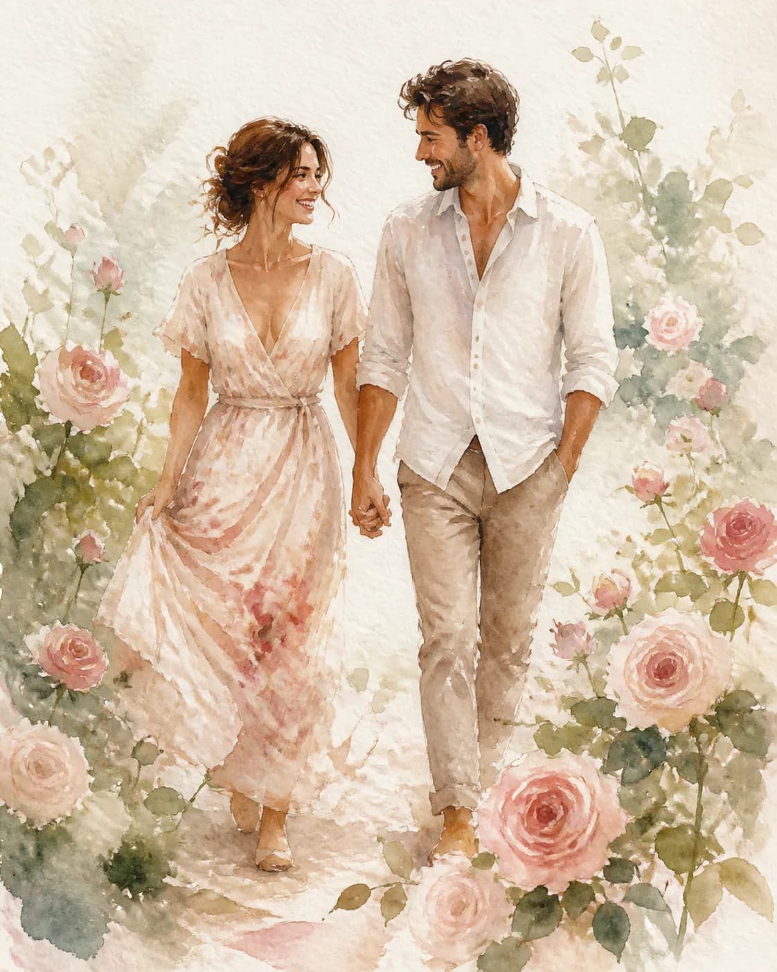 A fictional adult couple walking hand in hand through a loose garden of pale roses and greenery, candid warm smiles, airy ivo