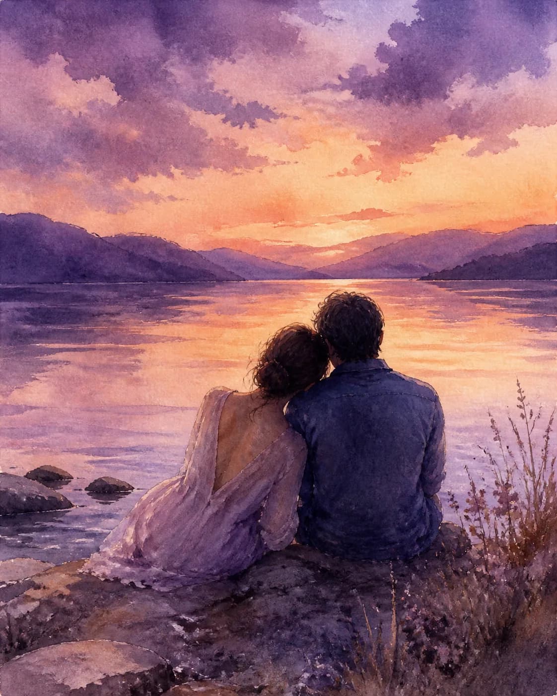 A fictional adult couple seated together beside a calm lakeshore at twilight, shoulders touching as they look toward the wate