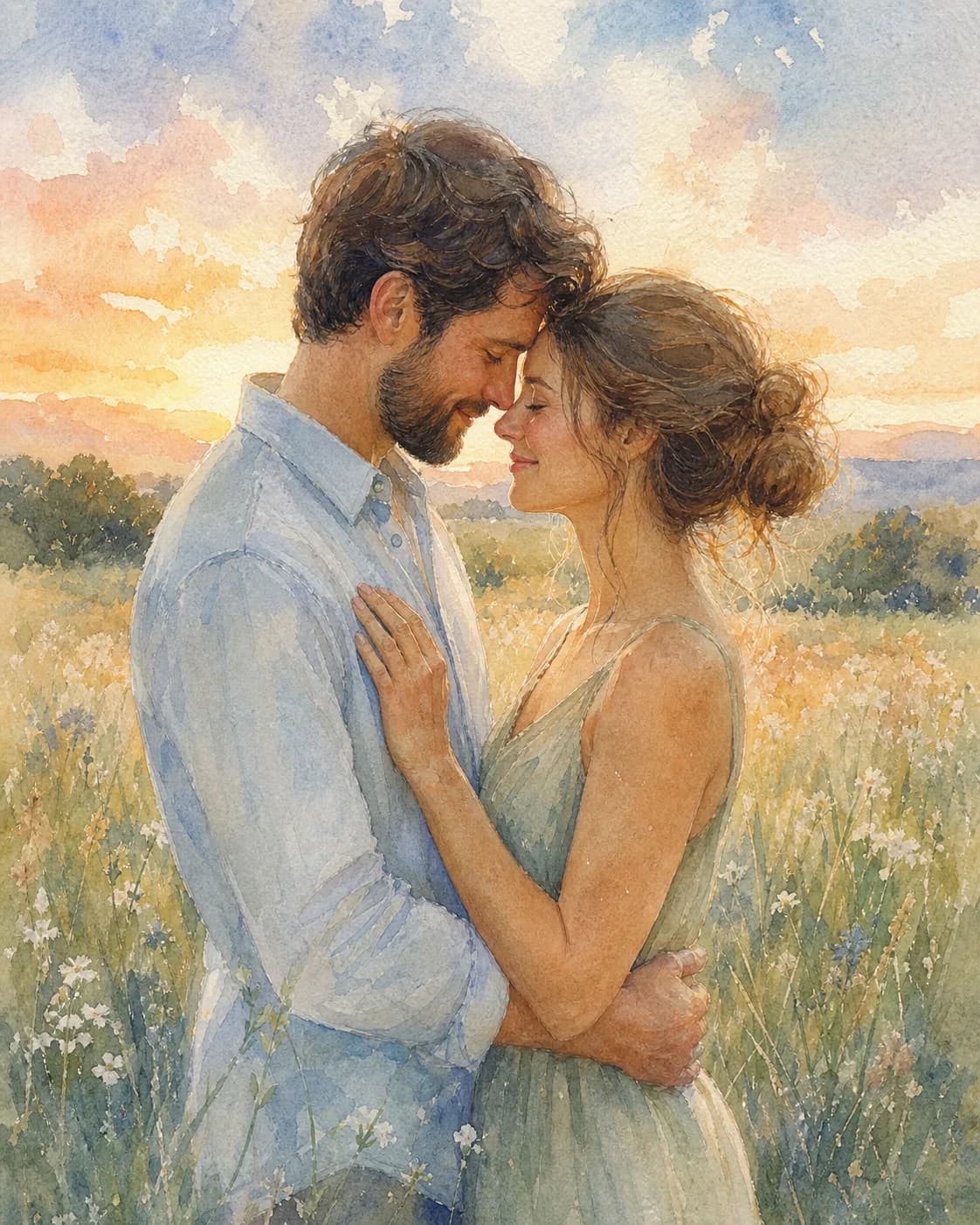 A traditional watercolor painting of a fictional adult couple standing close in a quiet meadow at golden hour, a gentle foreh