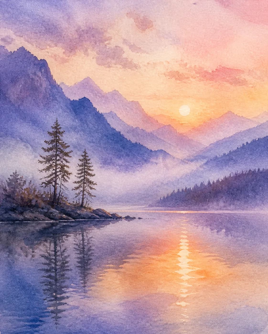A dreamy watercolor landscape of a mountain lake at dawn, layered mist, distant blue-violet peaks, a pale peach sunrise refle