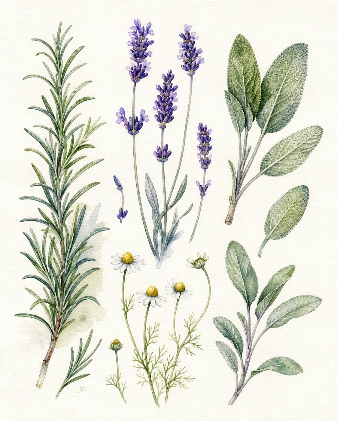 A watercolor herbarium page of wild grasses, fern, and small flowers, delicate linework, transparent natural-green washes, su