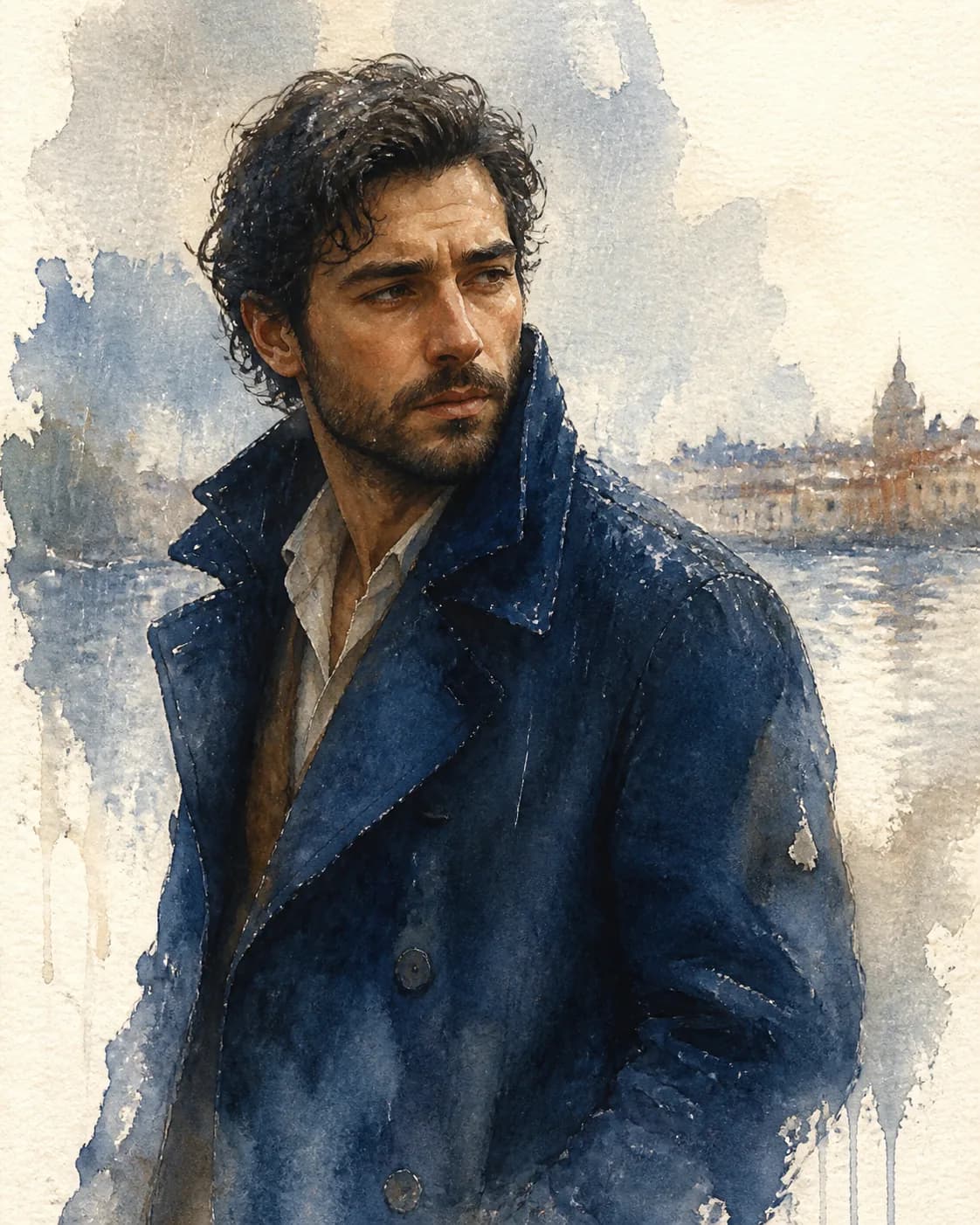 A traditional watercolor portrait of a fictional adult man in a deep-blue jacket against a warm-brown wash, transparent layer
