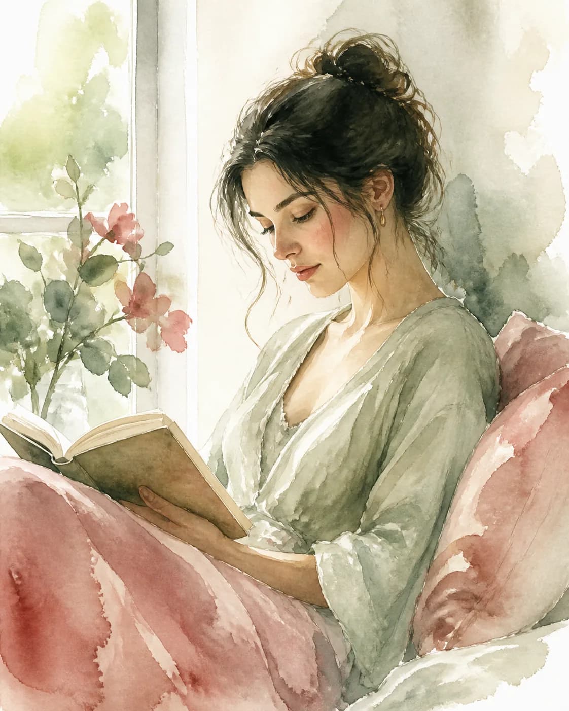 A soft watercolor portrait of a fictional adult woman reading quietly, transparent warm-ivory, sage, and dusty-rose washes, l