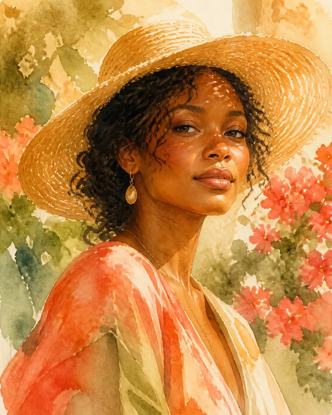 A luminous watercolor portrait of a fictional adult woman wearing a wide-brim straw hat, soft coral, pale-blue, and sand wash