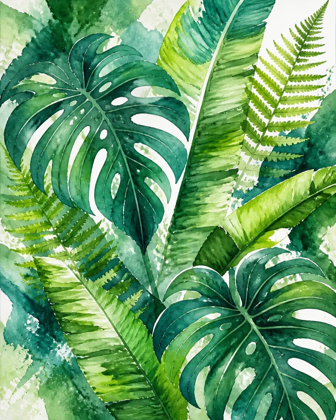 A modern watercolor botanical composition of tropical leaves, transparent emerald, teal, and lime layers, defined veins, gent