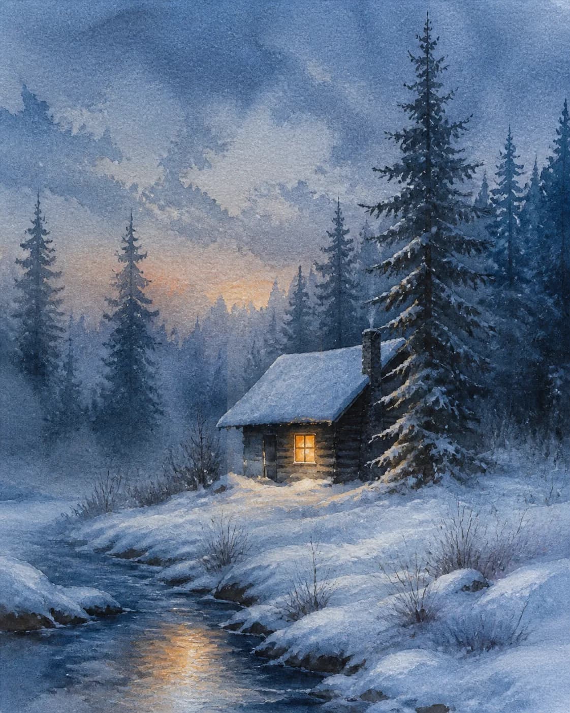A dreamy watercolor landscape of a timber cabin in snow, warm window light surrounded by blue-gray pine trees and soft drifts