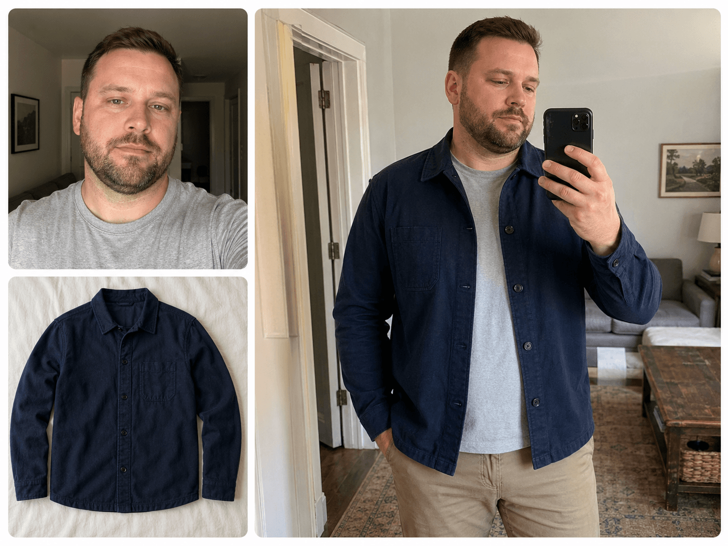 Virtual try-on case with original photo, clothing photo, and navy overshirt result