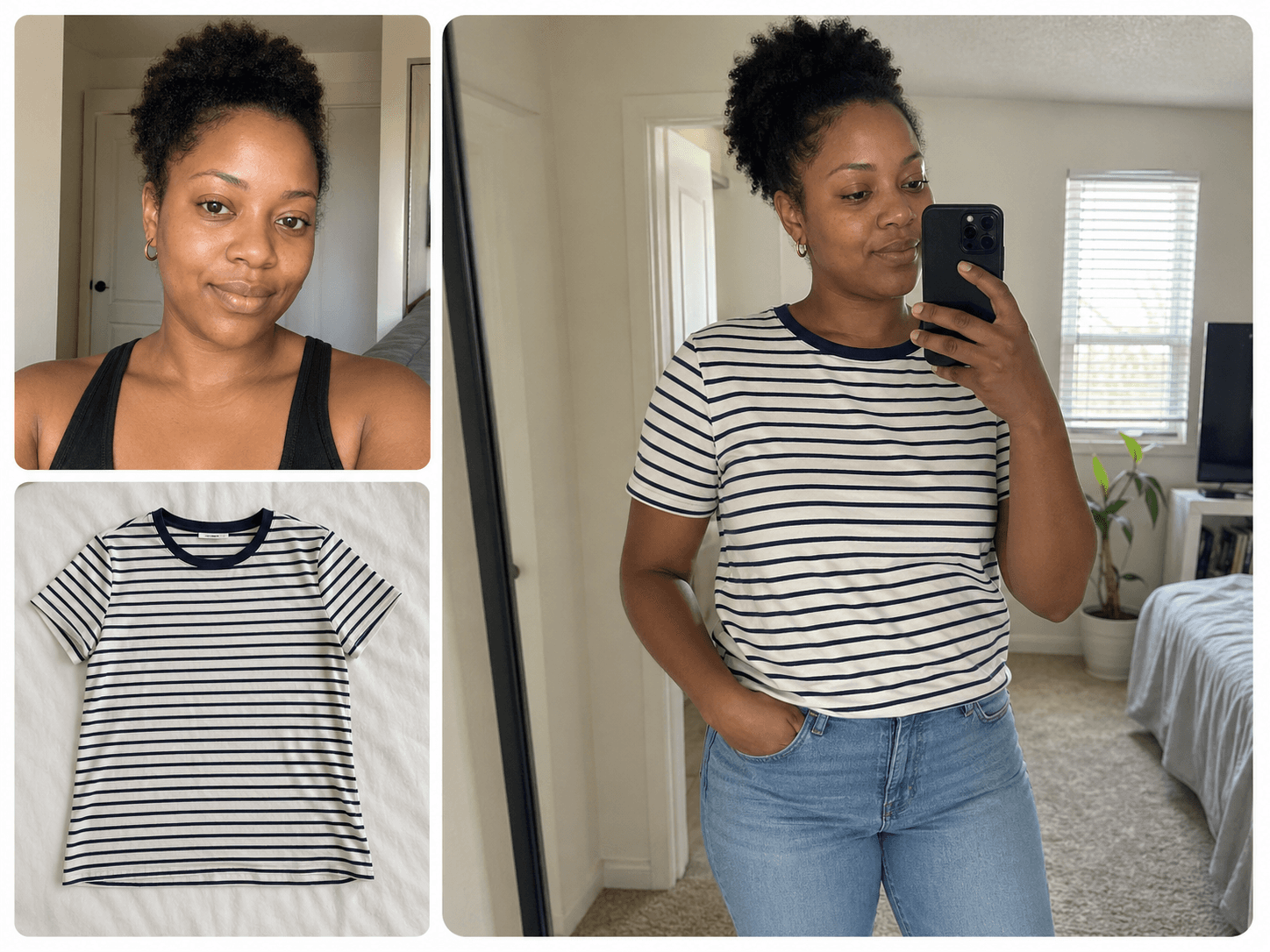 Virtual try-on case with original photo, clothing photo, and striped tee result