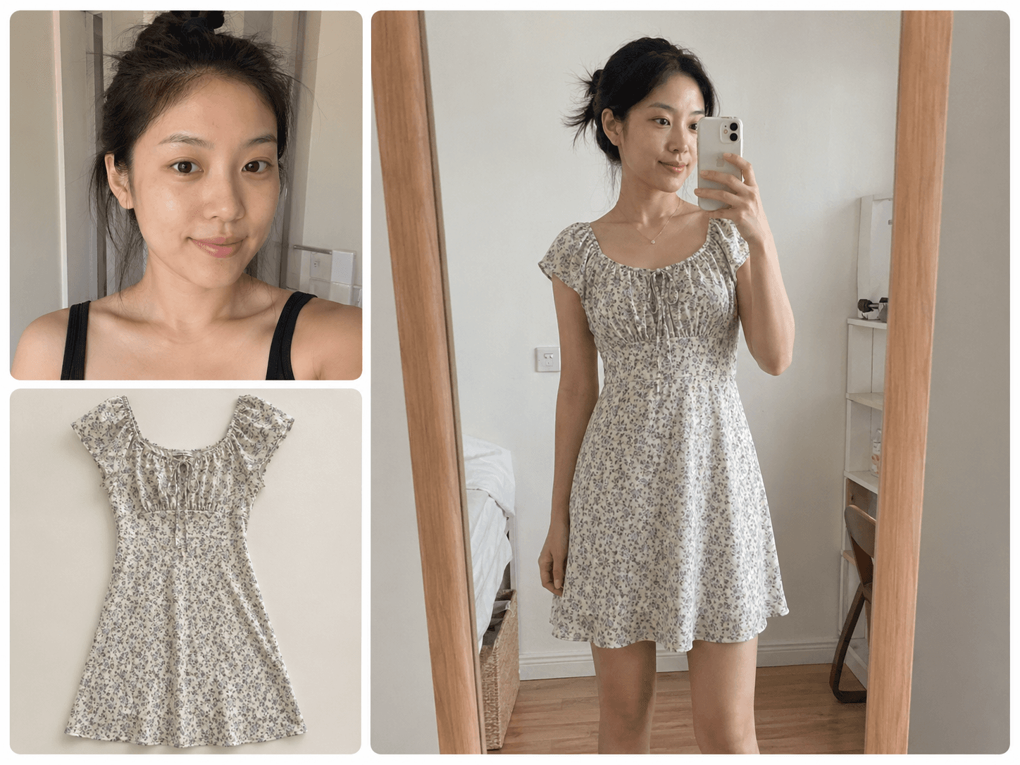 Virtual try-on case with original photo, clothing photo, and summer dress result