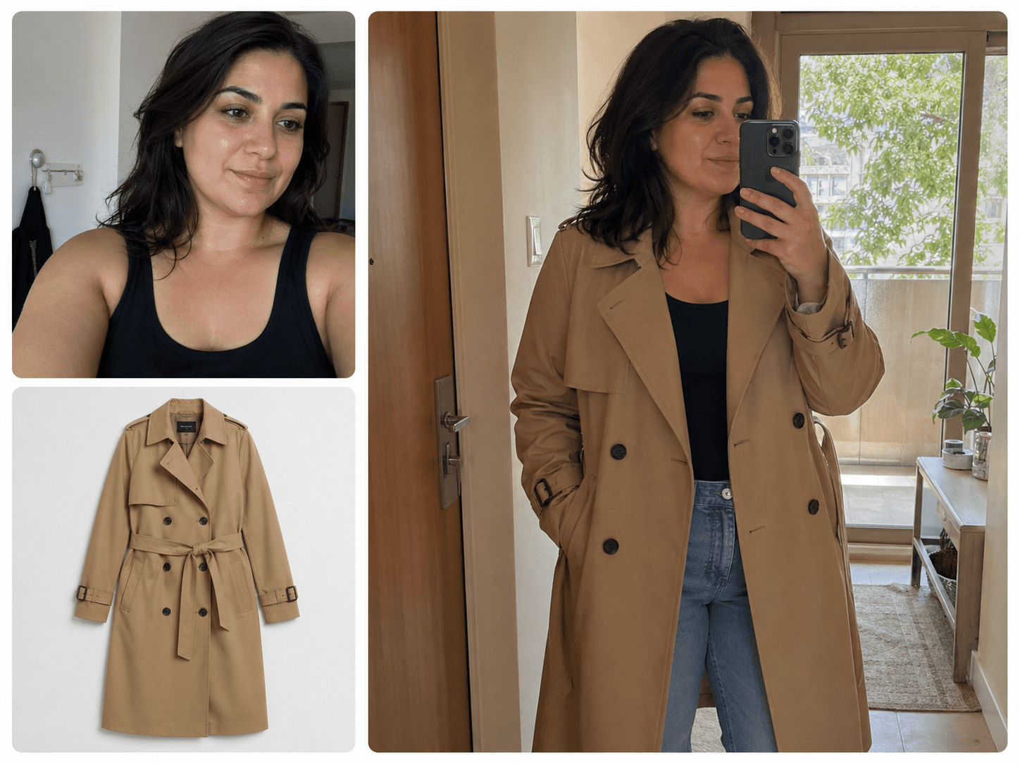 Virtual try-on case with original photo, clothing photo, and trench coat result