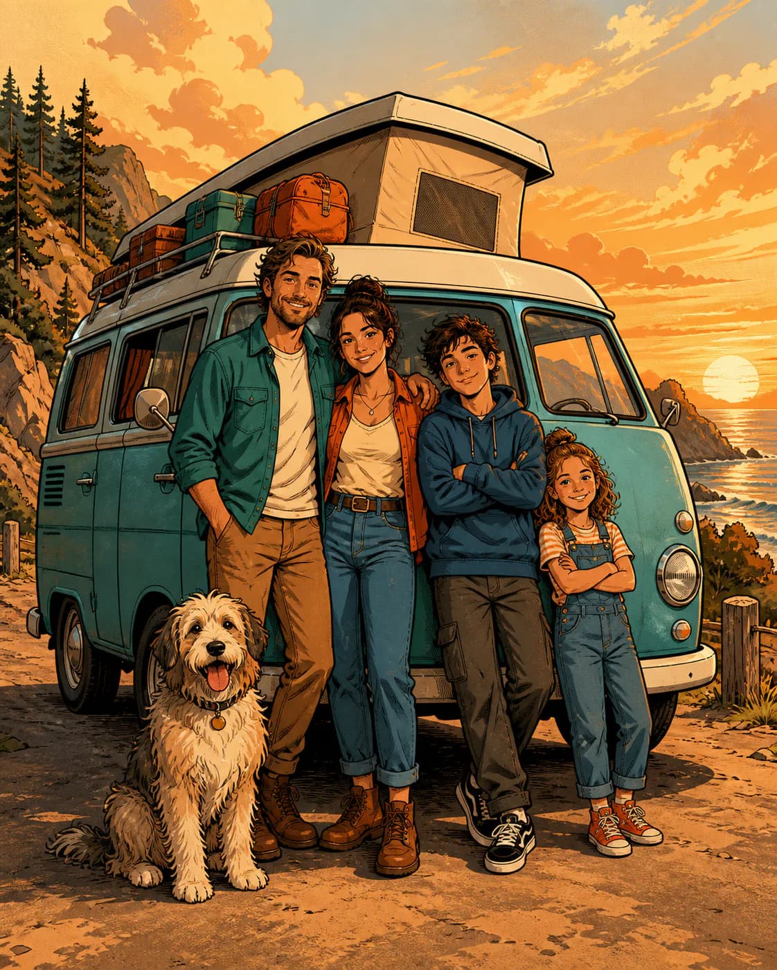 Family Dog Roadtrip showing a family and pet photo transformed into cartoon artwork