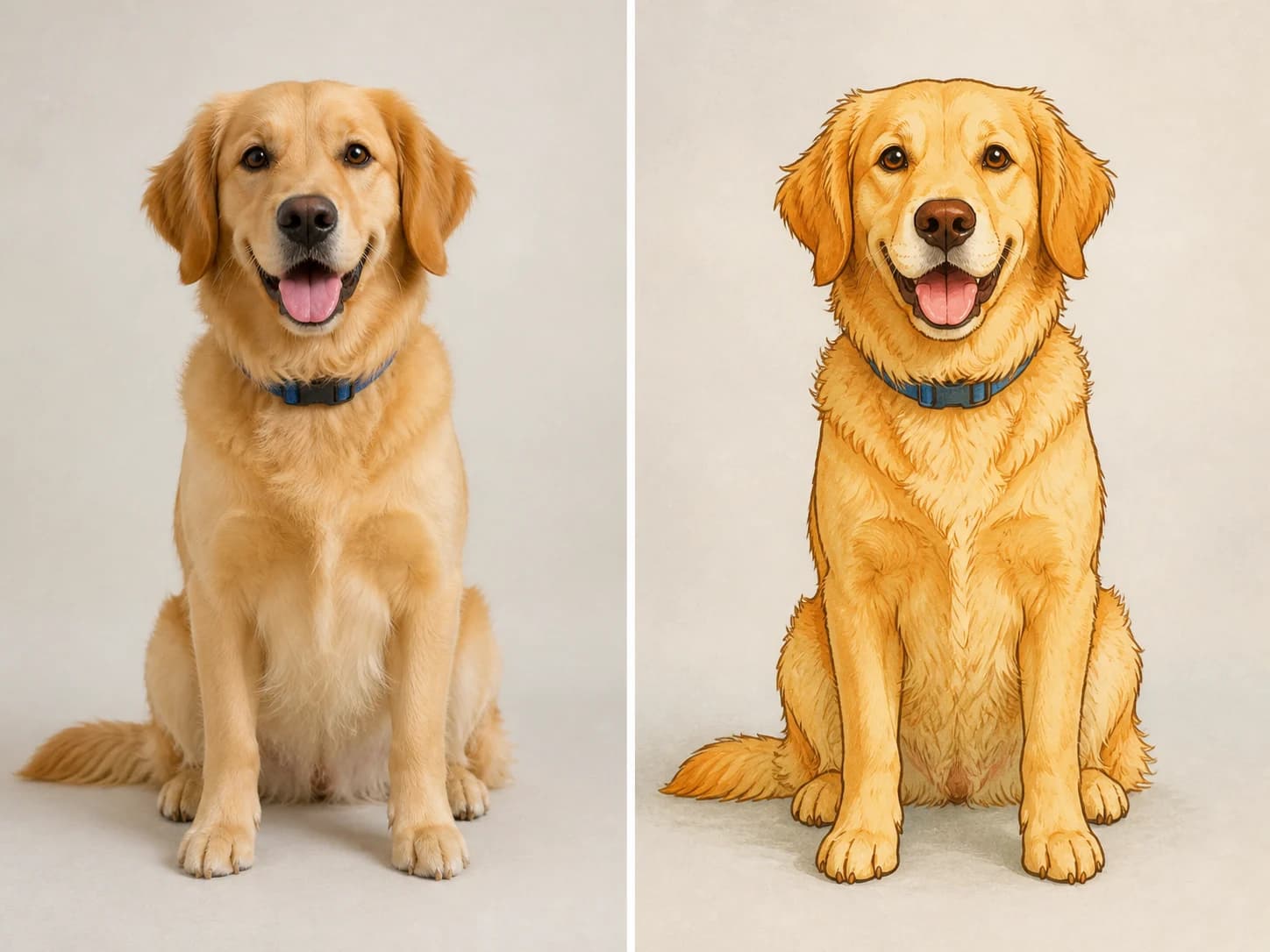 Original studio photograph of a complete golden retriever wearing a blue collar