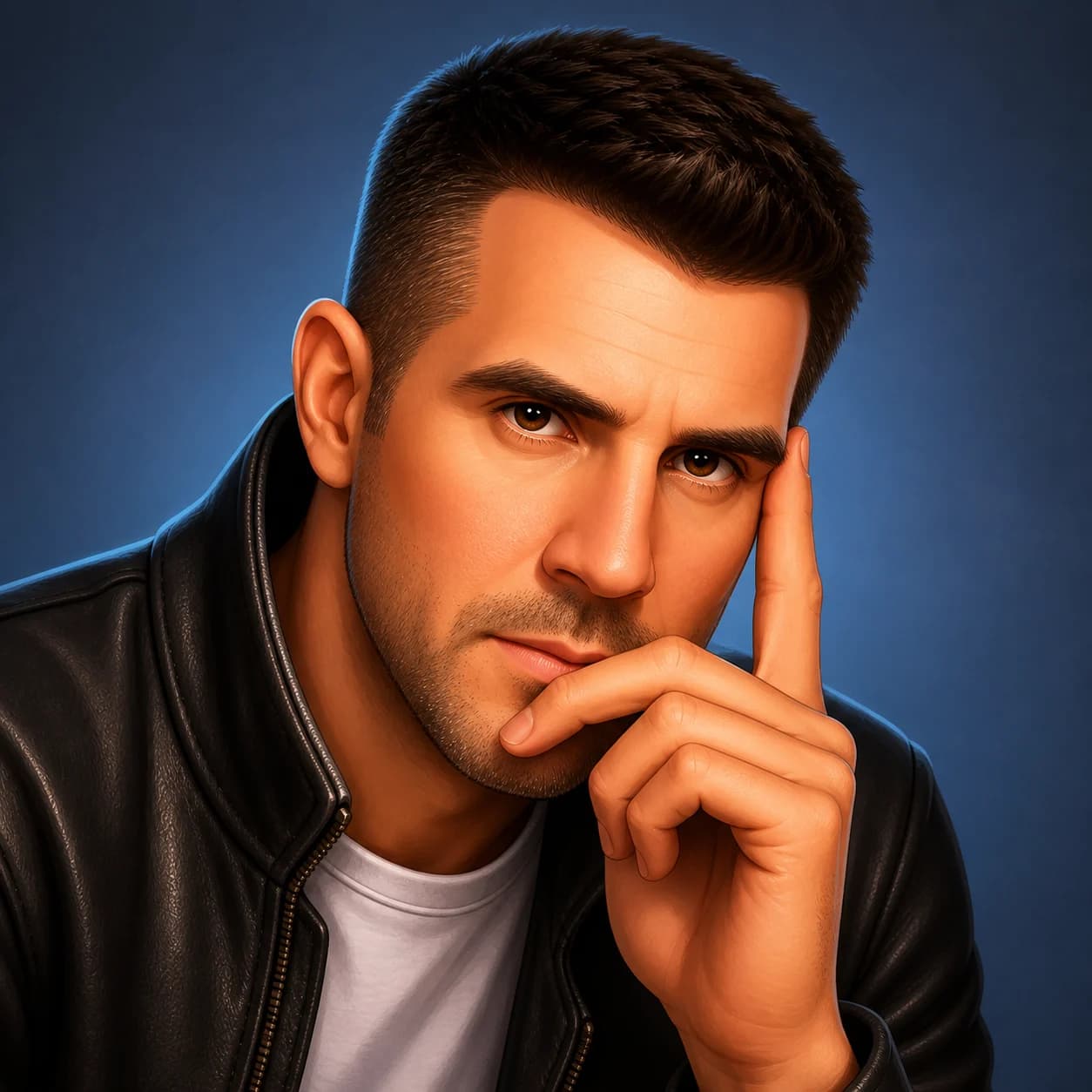 Matching 3D cartoon profile picture preserving the man's face, hairstyle, jacket, and hand pose
