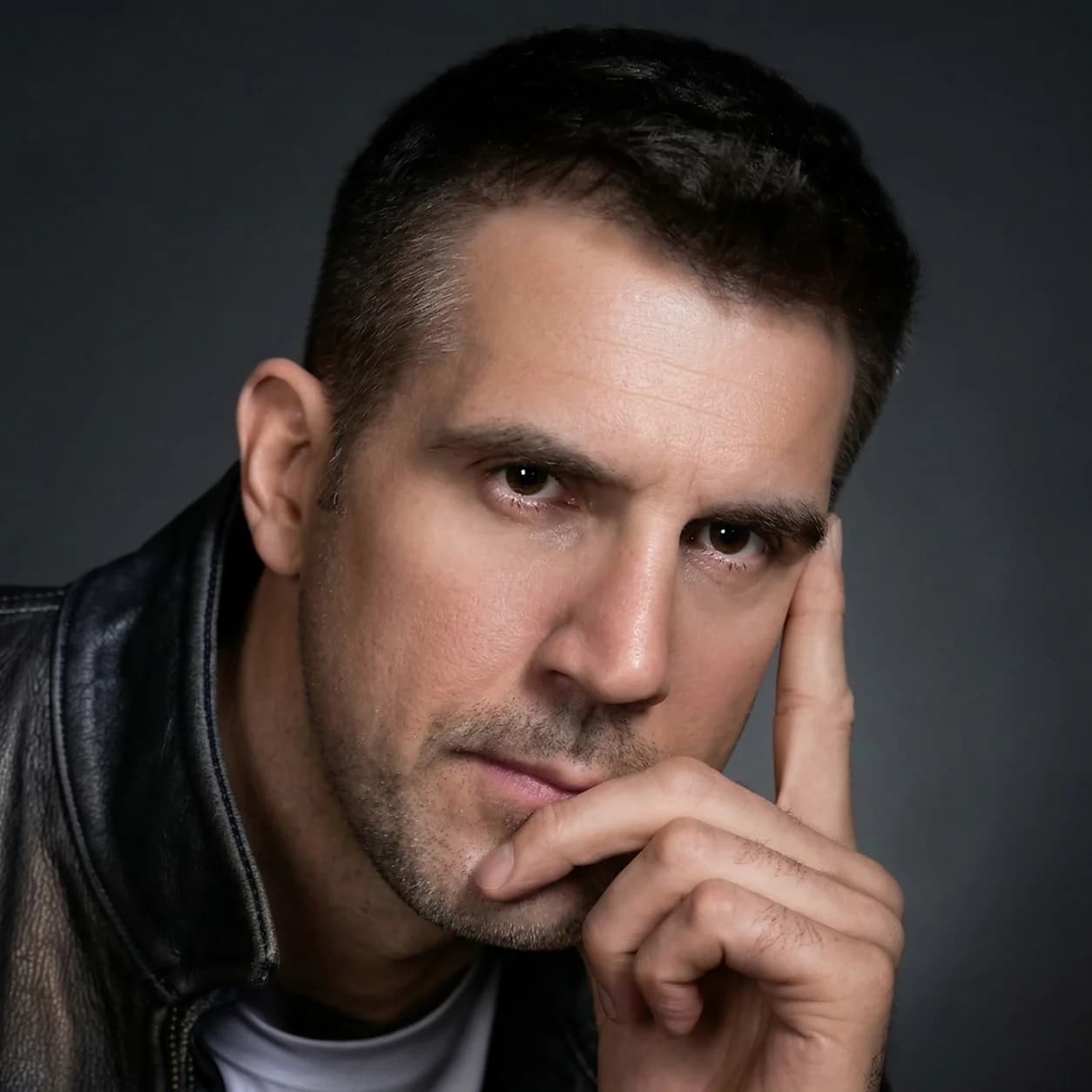 CC0 studio portrait of a man in a black leather jacket resting a hand against his face