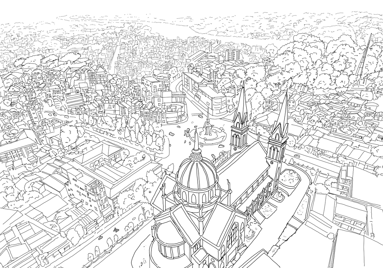 Detailed architectural city line drawing